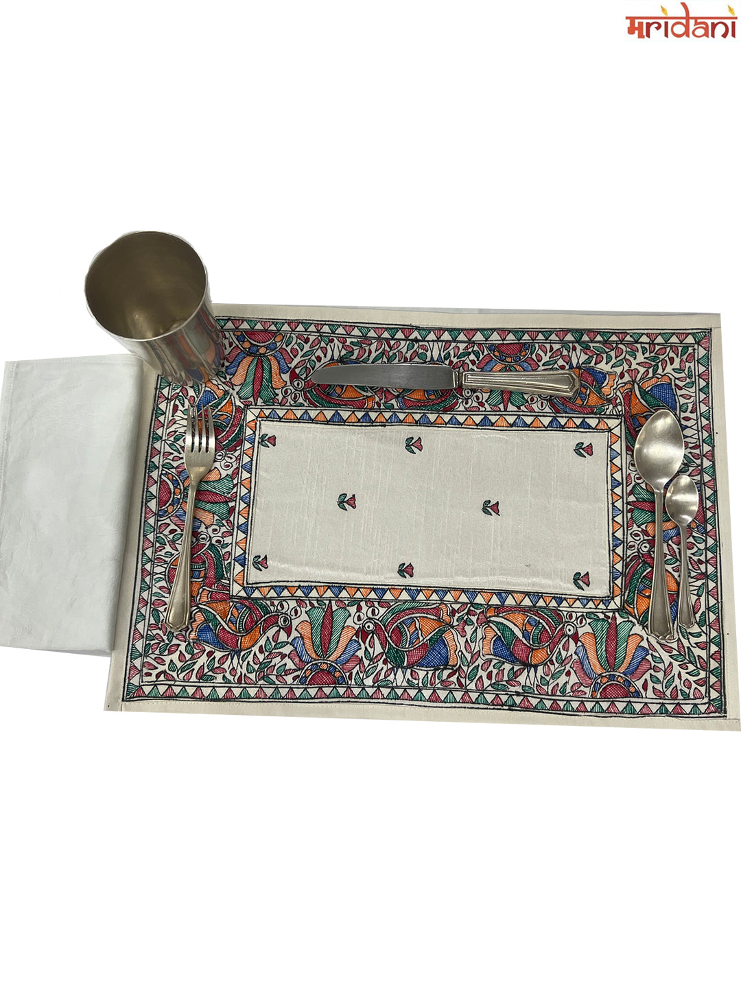 Hand-Painted Madhubani Table Mat Set- Exquisite Peacock with Lotus Design on White